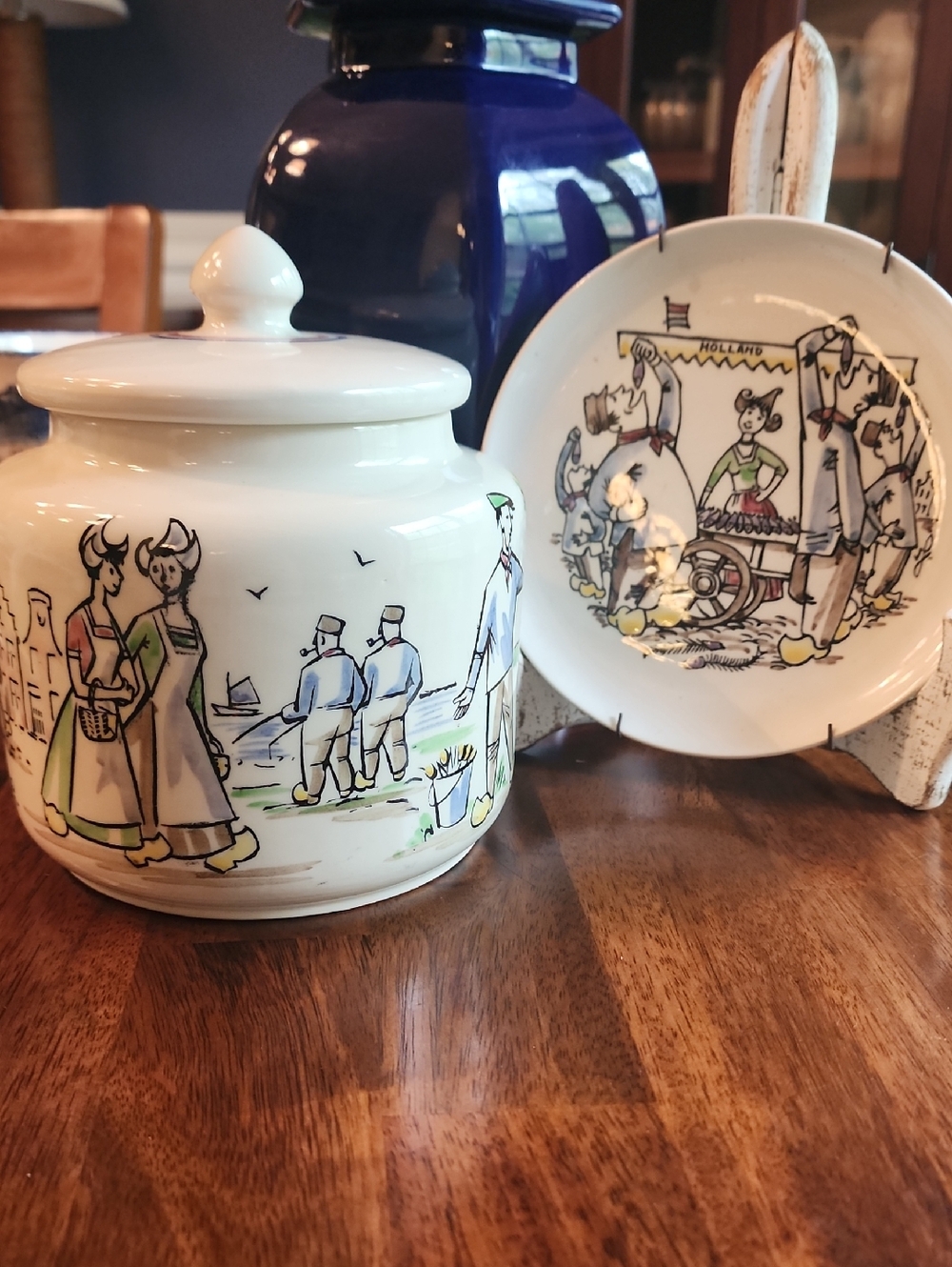 Gouda Holland Koninklijk Ceramic Canister And Plate Woman Selling Herring